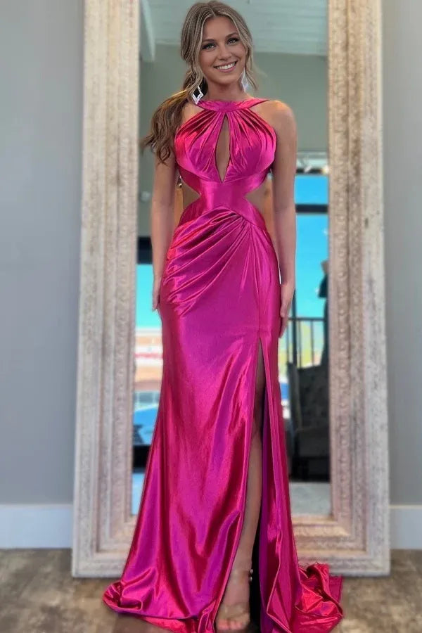 Weitese Dress Sexy Hot Mermaid Halter Sleeveless Pleated Prom Party Dress High Side Slit and Train Open Back Cocktail Dress